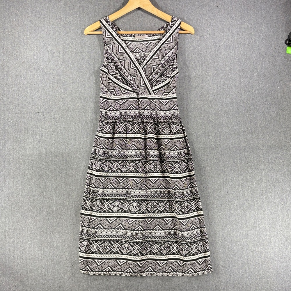 eShakti Dress Womens Size M 8 Black White Geometric Tribal Print Cotton Midi
